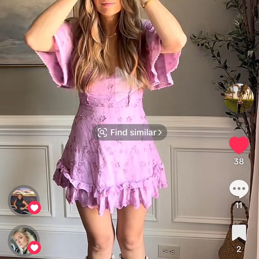 Showpo Lilac Embroidered Flutter Sleeve Dress